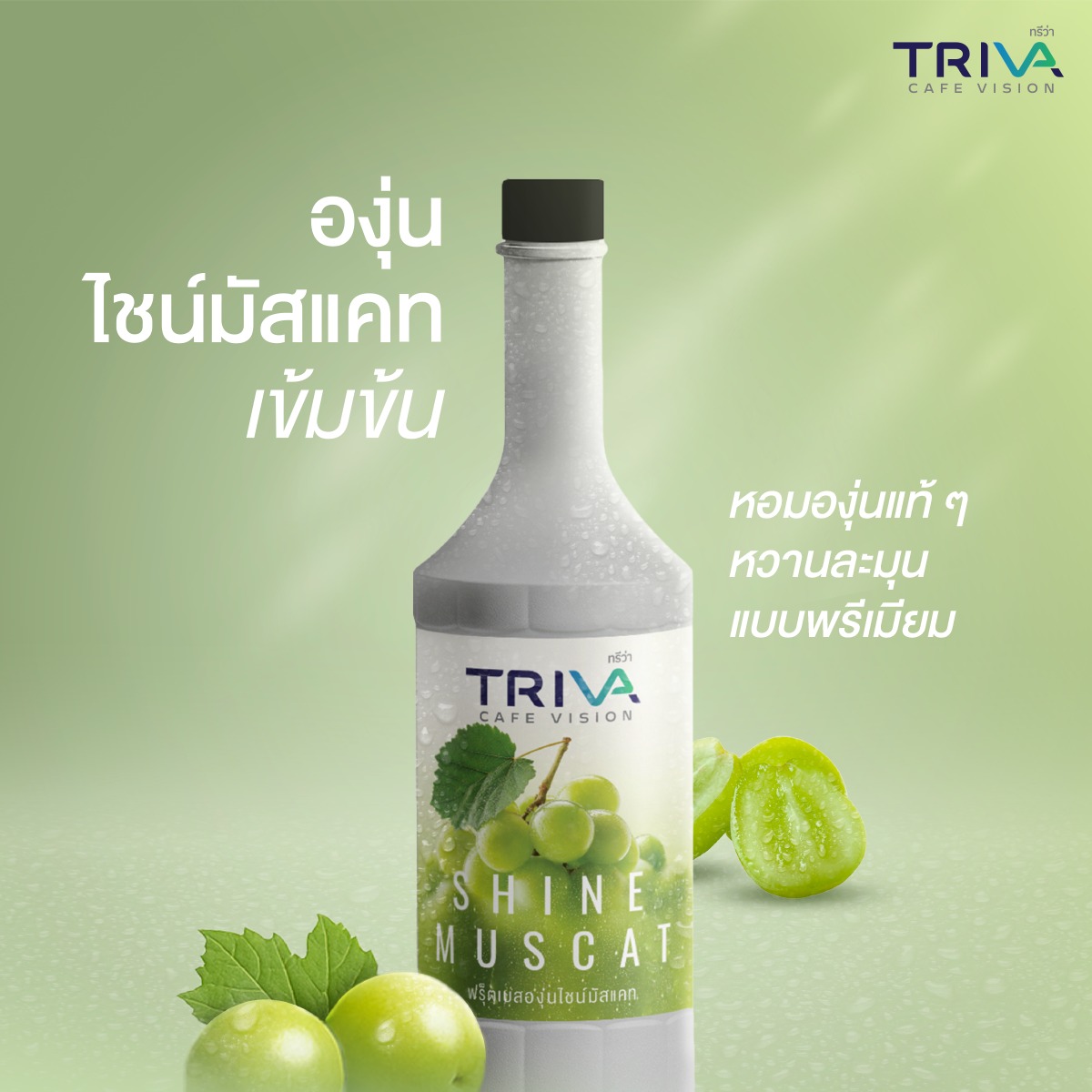 ไซรัปรสชาติองุ่นไชน์มัสแคทเข้มข้น แบรนด์ TRIVA และ Text "หอมองุ่นแท้ ๆ หวานละมุนแบบพรีเมียม"